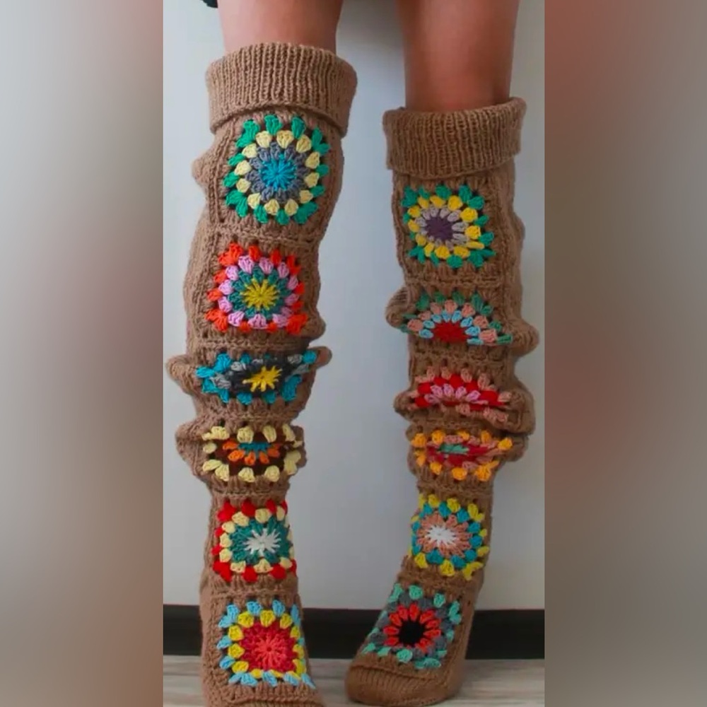 NWT Crochet Granny Square Over-the-Knee Socks• Tan Multicolor • Boho Cottagecore